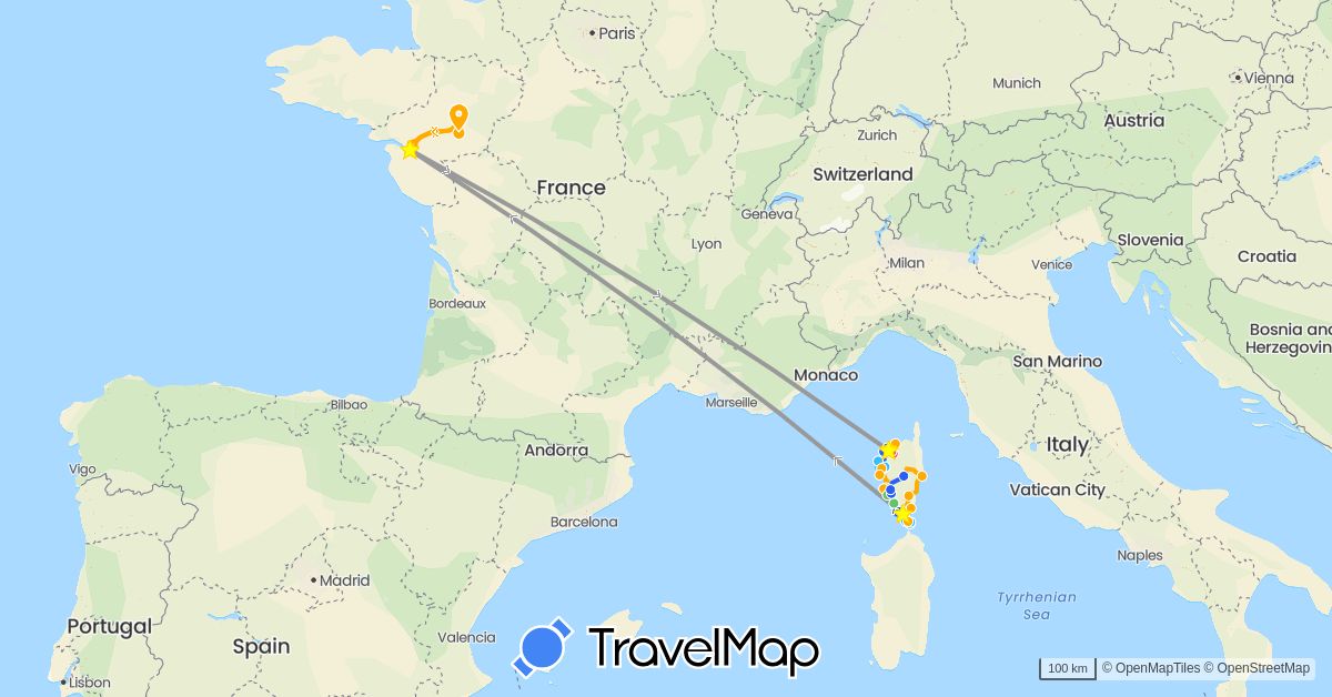 TravelMap itinerary: driving, plane, hiking, boat, voiture 2, voiture 1, voiture 3 in France (Europe)
