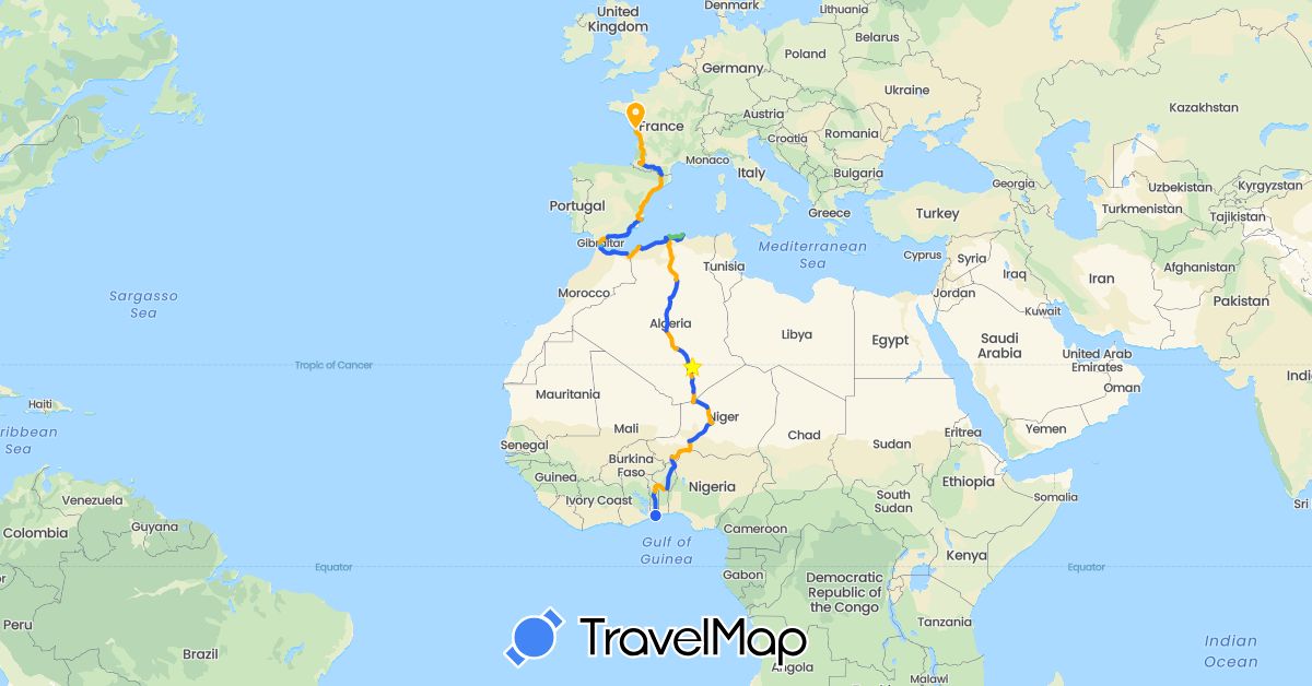 TravelMap itinerary: driving, boat, voiture 2, voiture 1, voiture 3, voiture 4x4, repos in Benin, Algeria, Spain, France, Morocco, Niger, Togo (Africa, Europe)